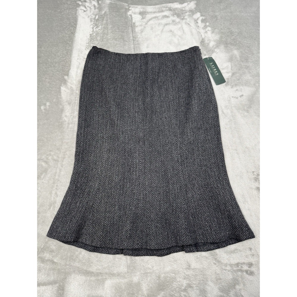 Lauren Ralph Lauren Skirt Womens 8 Gray Wool Herringbone Midi Flare Vintage Y2K